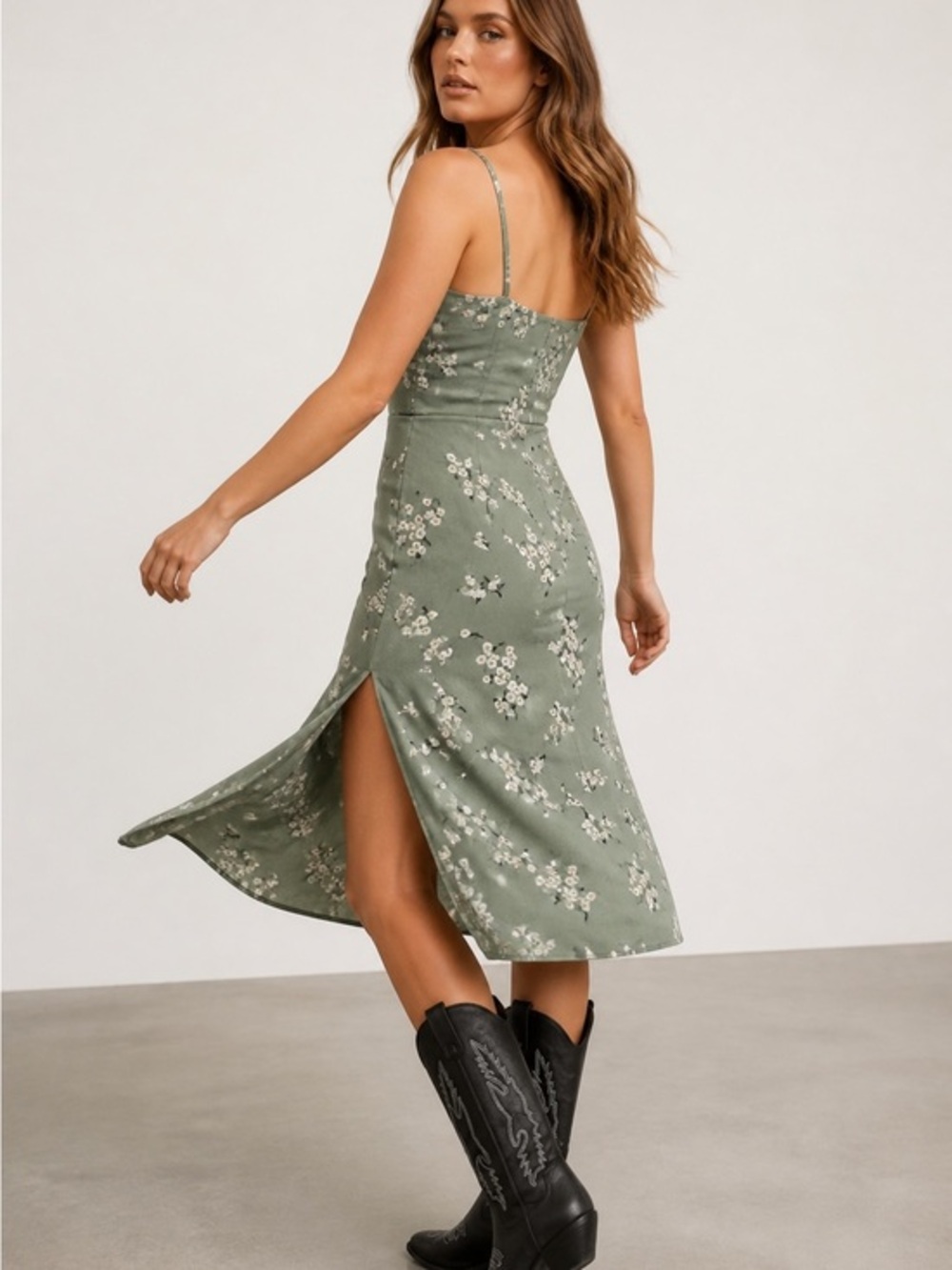 Floral Spaghetti-Strap Midi Dress in Sage Green